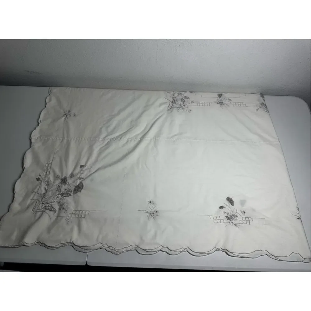Vintage Embroidered Tablecloth White Gray Size 80” X 68” See Description
